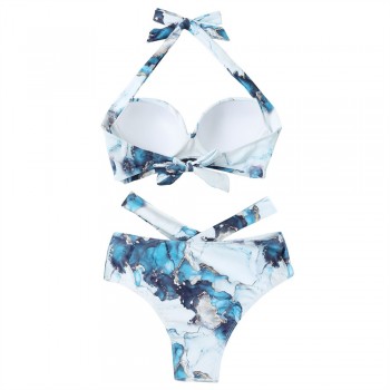 Two Piece Marble Print Swimsuit Female Push Up Halter Ruched Wrap Front High Waist Bathing Suit